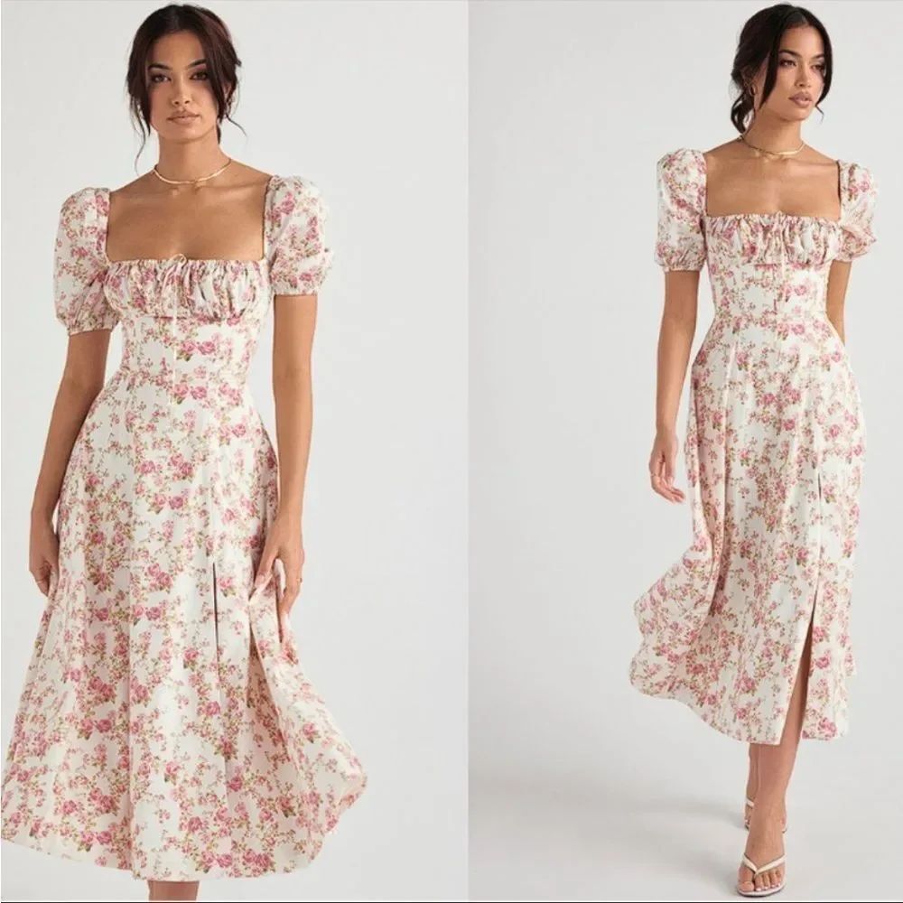 HOUSE OF CB Tallulah Dress Rose Floral Puff Sleeve Midi Sundress